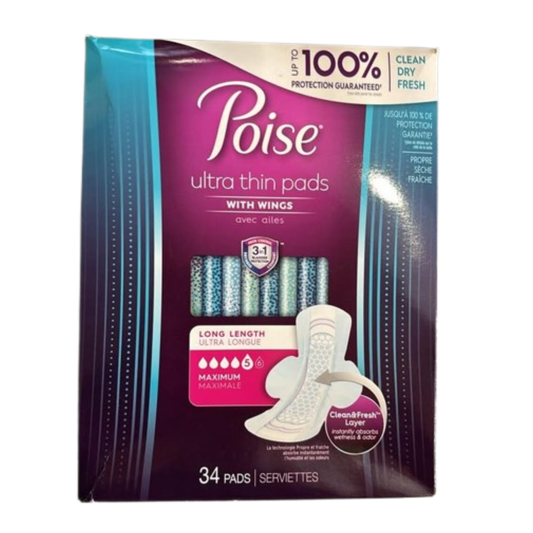 Serviettes hygiéniques Poise ultra minces avec ailes – Longues (34 unités)